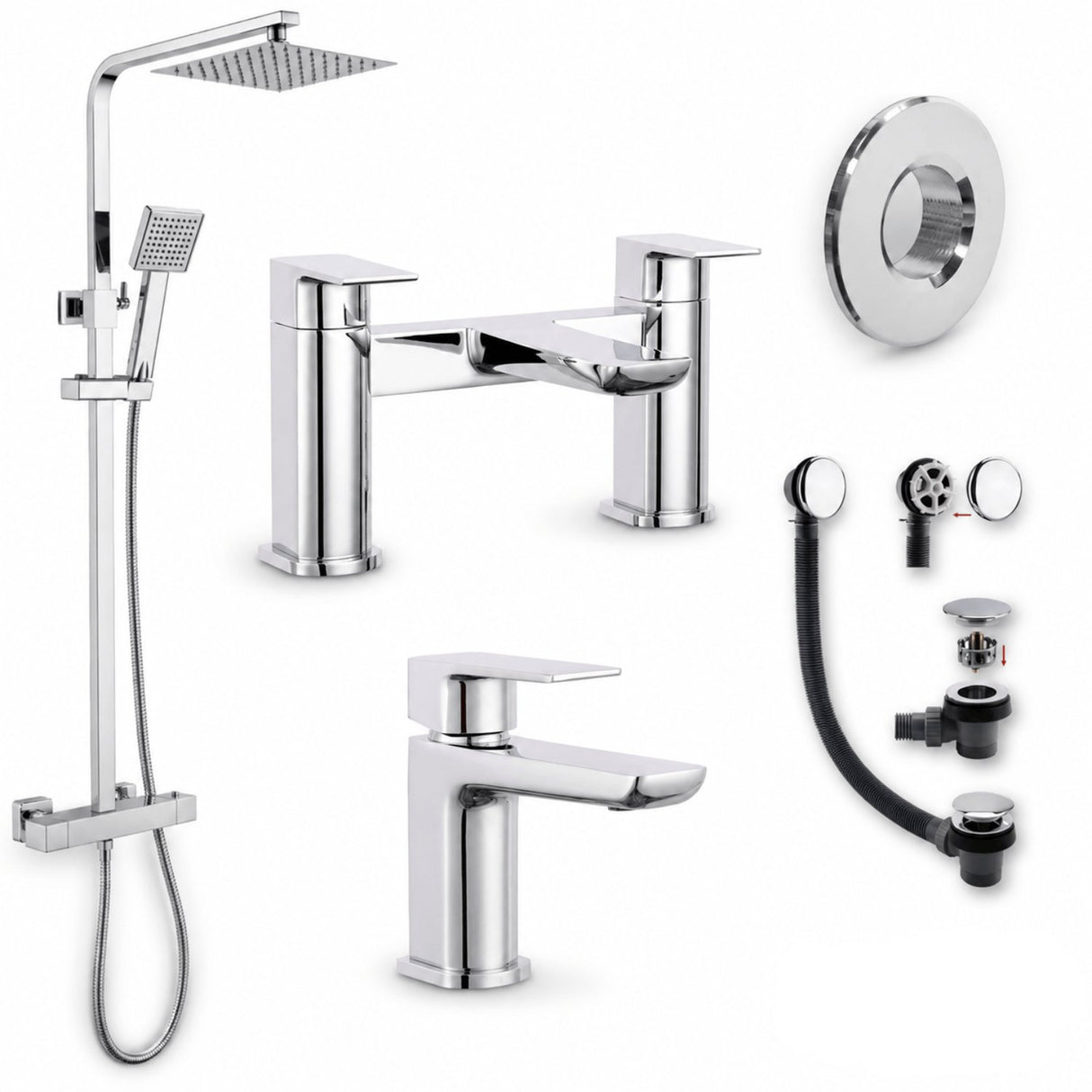 Aquarius Bathrooms Exposed Shower Set Chrome Aquarius Hydro Complete Shower Brassware Pack with Basin Mixer, Bath Mixer & Round Exposed Shower