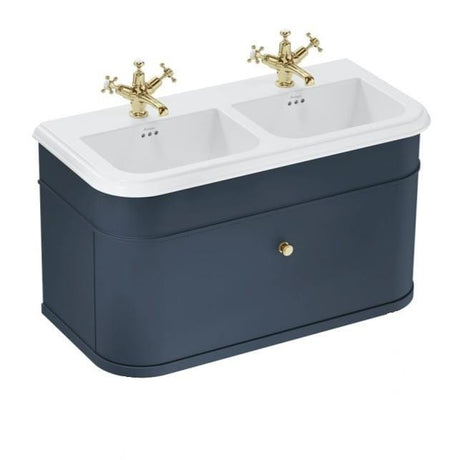 Burlington Double Sink Vanity Unit Blue / Ceramic Basin - 3 Tap Hole / Gold Burlington Chalfont 1000mm Wall Mounted Single Drawer Vanity Unit with Double Basin