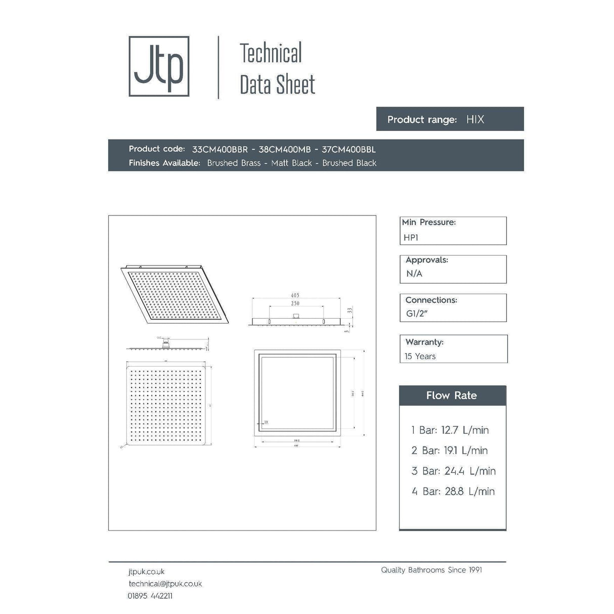 JTP Fixed Shower Head JTP HIX 400mm Square Ceiling Mounted Shower Head
