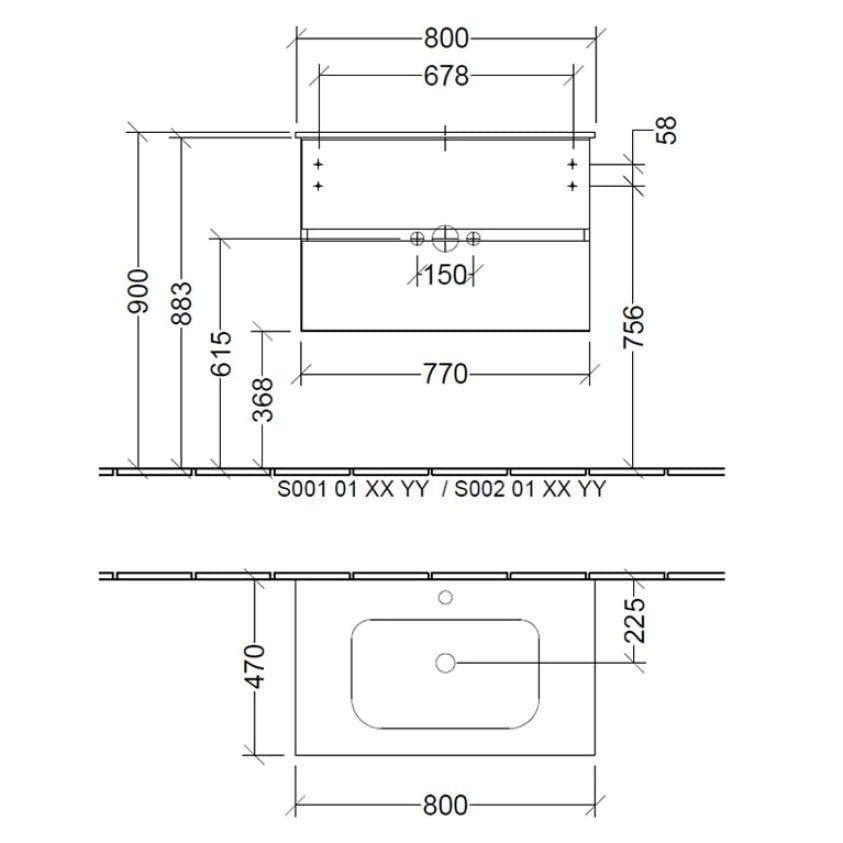 Villeroy & Boch Wall Mounted Vanity Unit Villeroy & Boch Arto Wall Mounted 800mm Two Drawer Vanity Unit with Basin