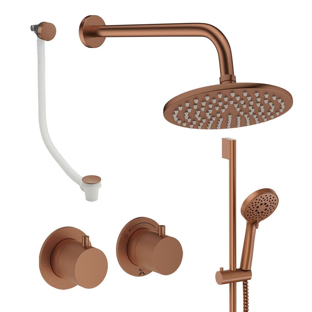 UK Bathroom Store Concealed Shower Set Brushed Bronze / Wall Arm / 200mm Crosswater Module Shower Set 7 - 3 Outlet with Riser Rail Kit, Overhead Shower and Overflow Bath Filler