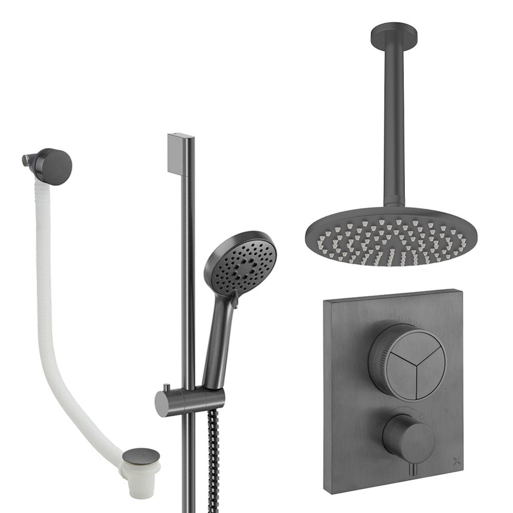 UK Bathroom Store Concealed Shower Set Slate / Ceiling Arm / 200mm Crosswater Crossbox Push Shower Set 8 - 3 Outlet with Fixed Overhead Shower, Slide Rail Kit and Overflow Bath Filler Waste