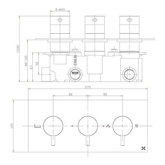 Crosswater Concealed Shower Valve Crosswater MPRO 3 Outlet, 3 Handle Horizontal Concealed Thermostatic Shower Valve