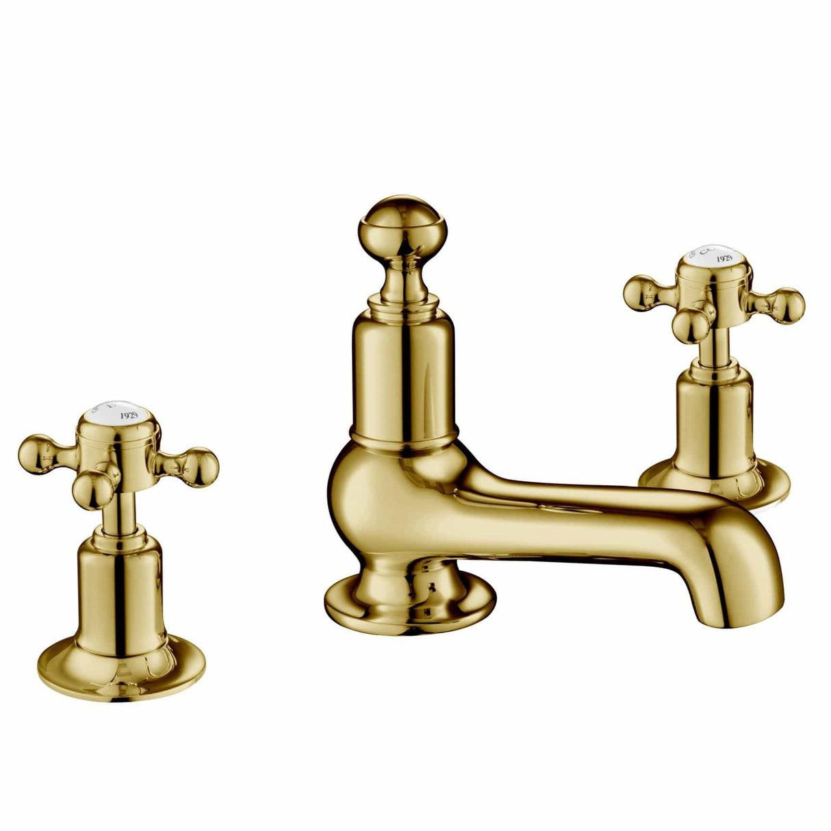 JTP 3 Tap Hole Basin Set JTP Grosvenor Cross Deck Mounted 3 Hole Basin Mixer Tap in Polished Gold
