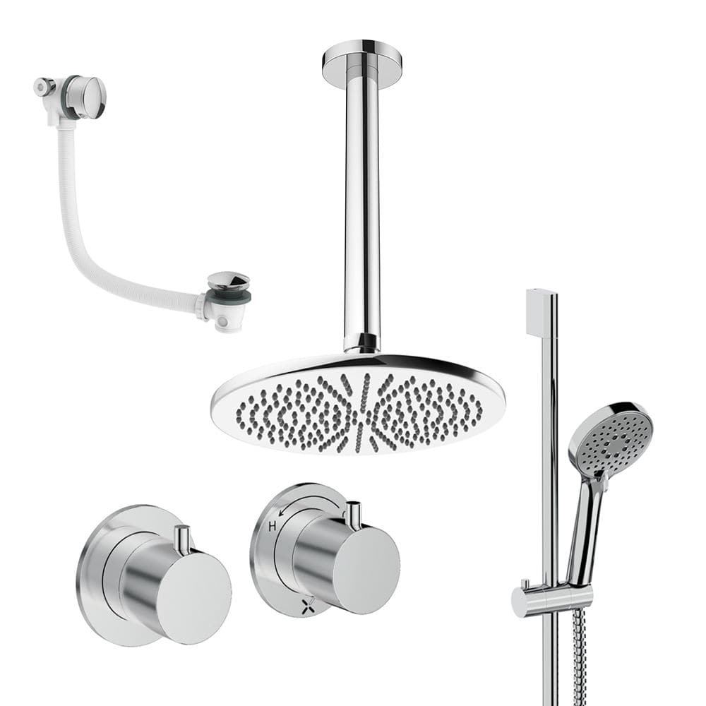 UK Bathroom Store Concealed Shower Set Chrome / Ceiling Arm / 300mm Crosswater Module Shower Set 7 - 3 Outlet with Riser Rail Kit, Overhead Shower and Overflow Bath Filler
