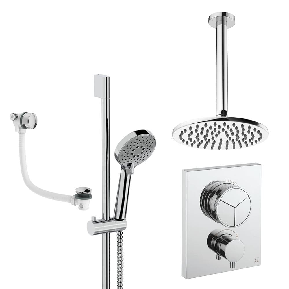UK Bathroom Store Concealed Shower Set Chrome / Ceiling Arm / 200mm Crosswater Crossbox Push Shower Set 8 - 3 Outlet with Fixed Overhead Shower, Slide Rail Kit and Overflow Bath Filler Waste