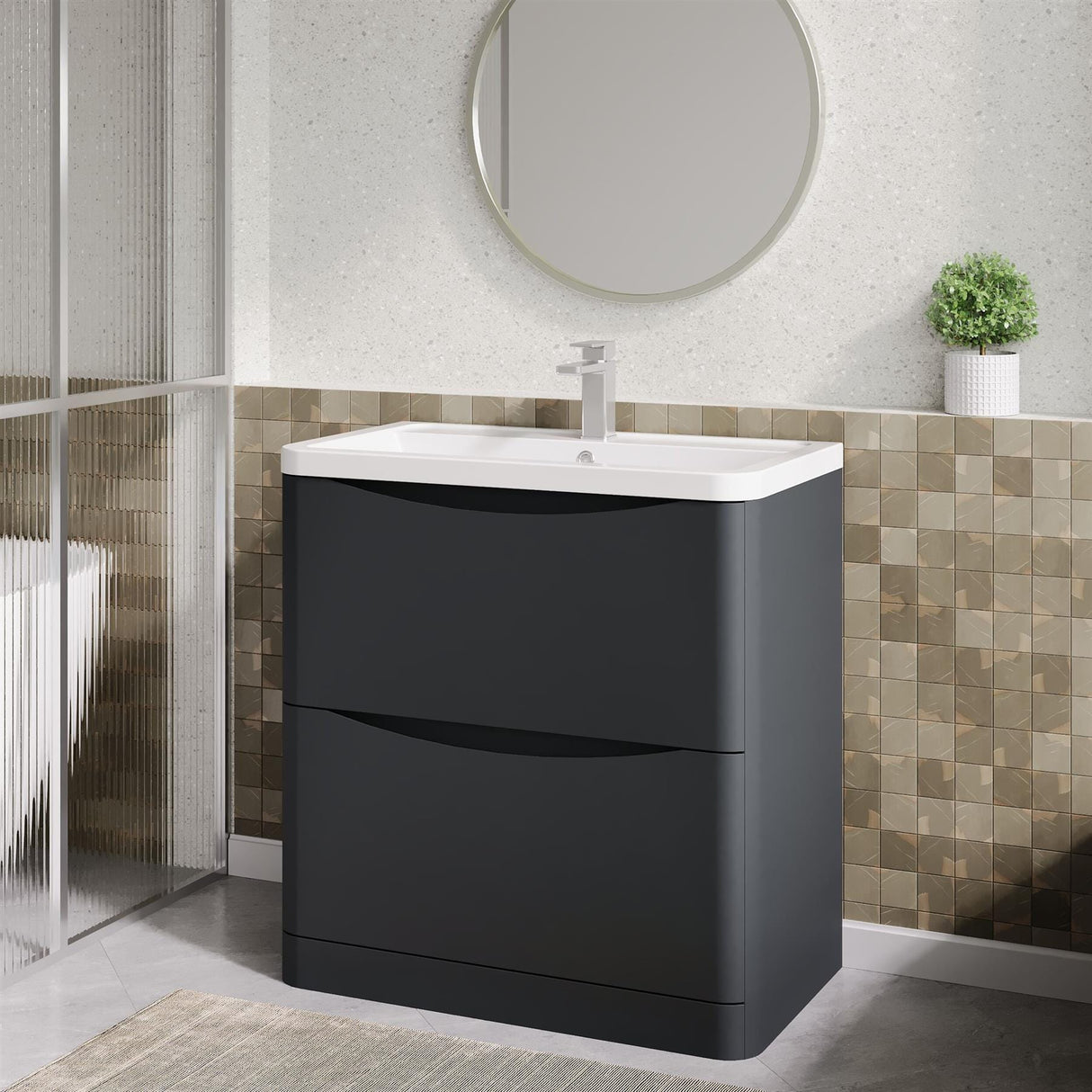 Aquarius Bathrooms Floor Standing Vanity Unit Aquarius Seren 800mm Floor Standing Two Drawer Vanity Unit with Basin in Soft Black