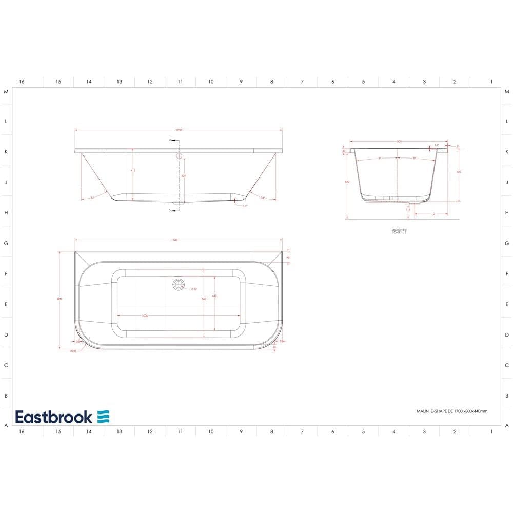 Eastbrook Double Ended Bath 1700 x 800 / 5mm Eastbrook Malin D-Shape Back To Wall Double Ended Bath