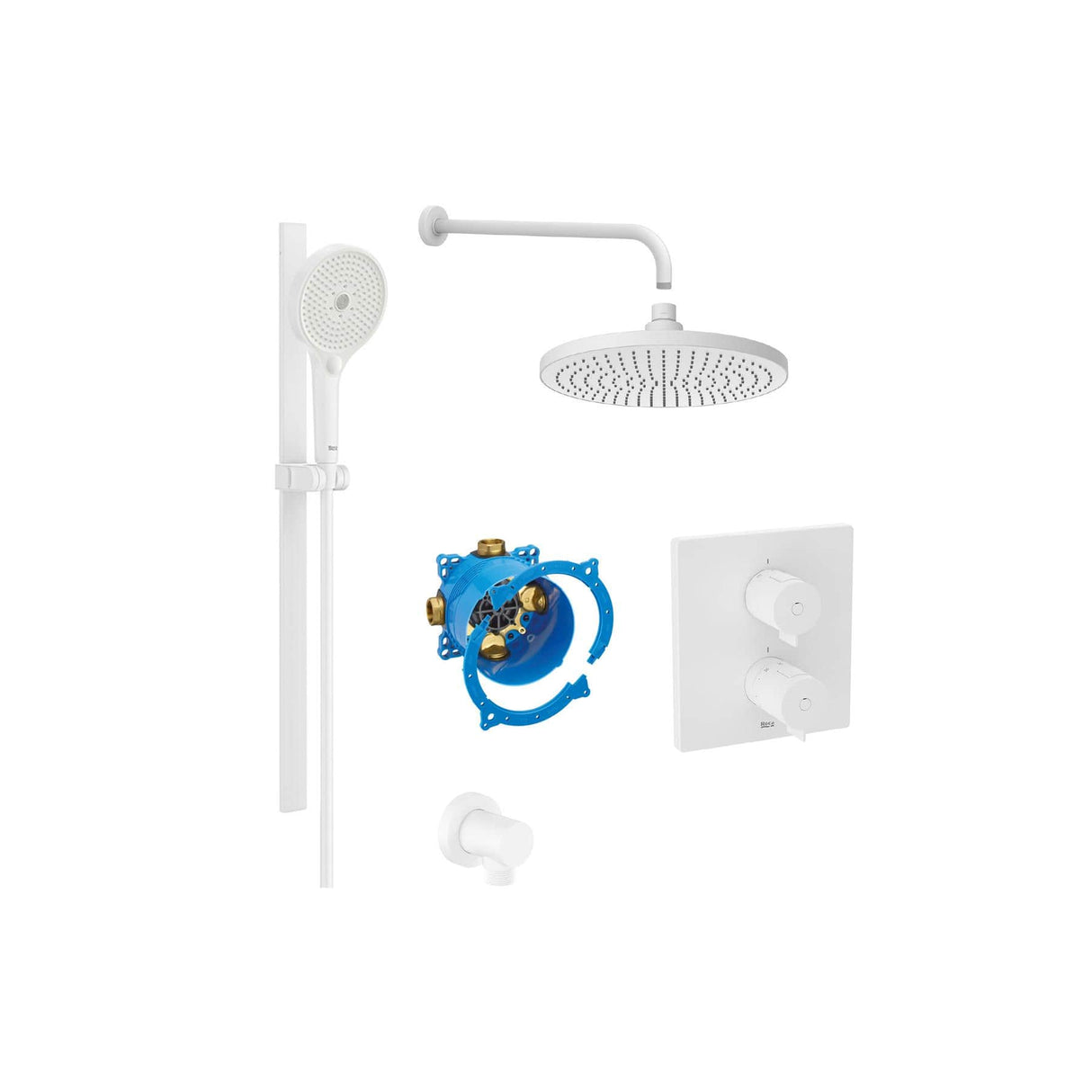 Roca Concealed Shower Set Matt White Roca T-500 Square Thermostatic Concealed Shower Valve with Rainshower Head, Shower Handset and Slide Rail Set