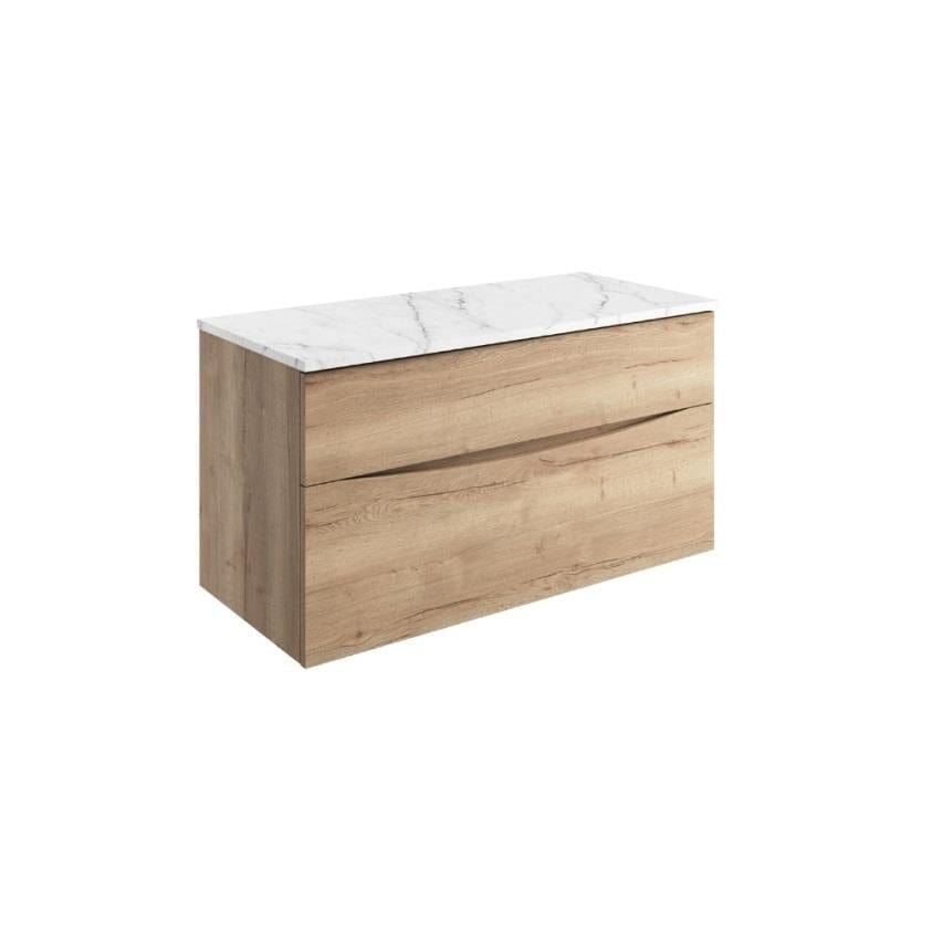 Crosswater Wall Mounted Vanity Unit Windsor Oak / Carrara Marble Effect / 1000mm Crosswater Glide II 2 Drawer Vanity Unit with Worktop