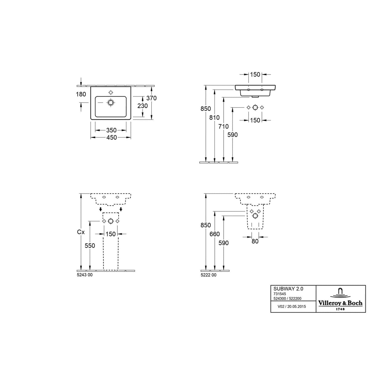 Villeroy & Boch Cloakroom Basin Villeroy & Boch Subway 2.0 450mm Cloakroom Basin with Overflow in White Alpin