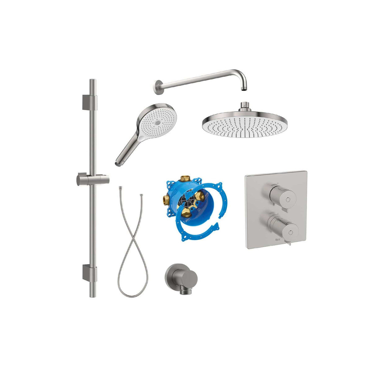 Roca Concealed Shower Set Stainless Steel Effect Roca T-500 Square Thermostatic Concealed Shower Valve with Rainshower Head, Shower Handset and Slide Rail Set