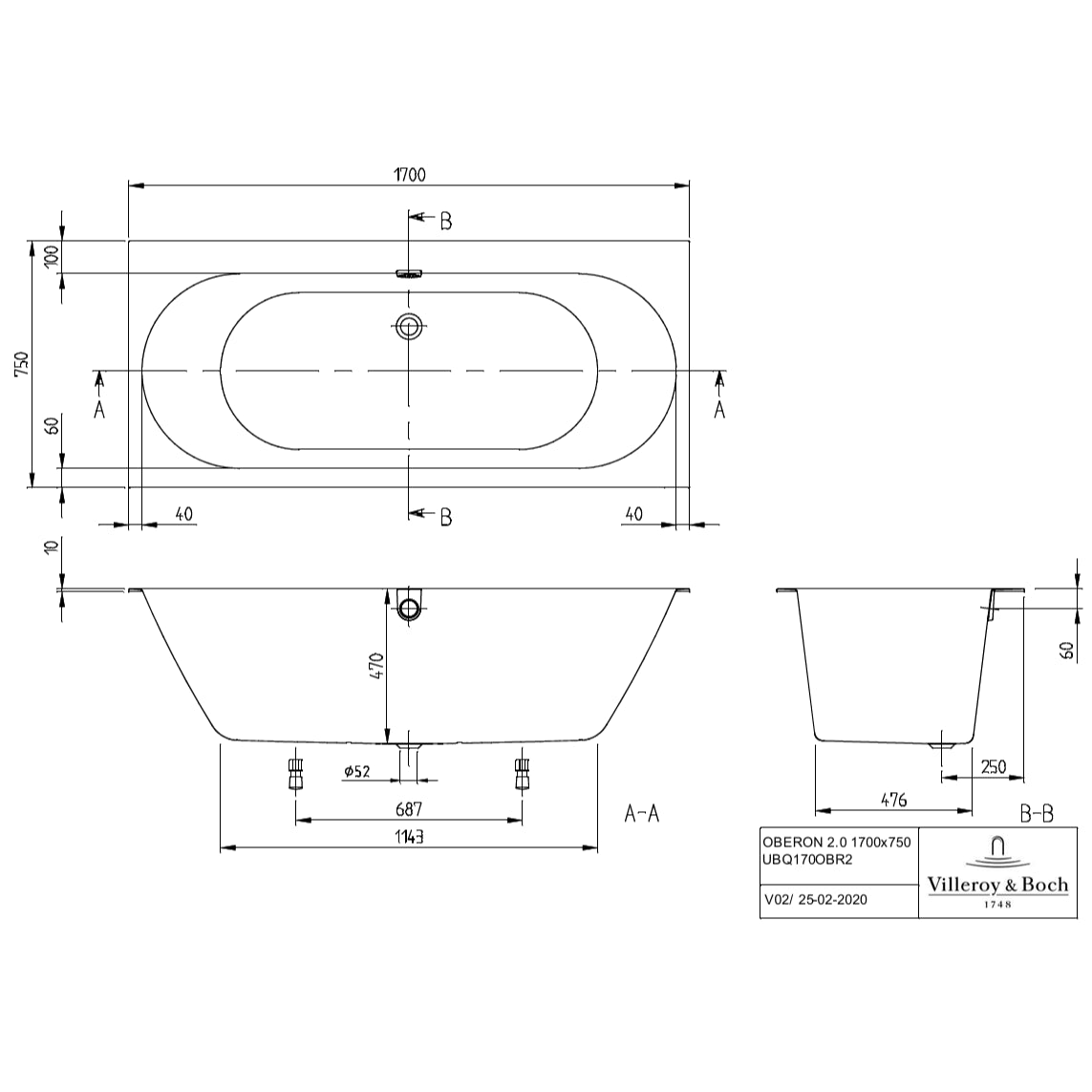 Villeroy & Boch Oberon 2.0 Quaryl Double Ended Bath