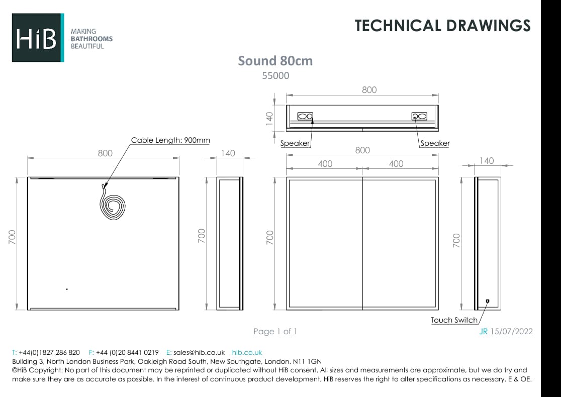 HiB Mirrored Cabinet 800 x 700mm HiB Sound LED Bluetooth Speaker Mirror Cabinet