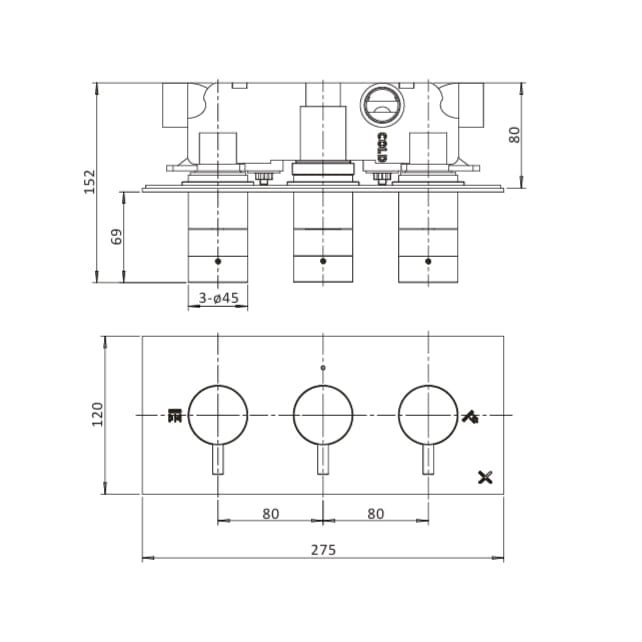 Crosswater Concealed Shower Valve Crosswater MPRO 2 Outlet, 3 Handle Horizontal Concealed Thermostatic Shower Valve