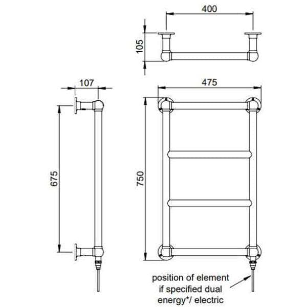 Vogue Traditional Towel Rails Dual Fuel Vogue Vintage Traditional Straight Towel Radiator - 750 x 475mm - Chrome