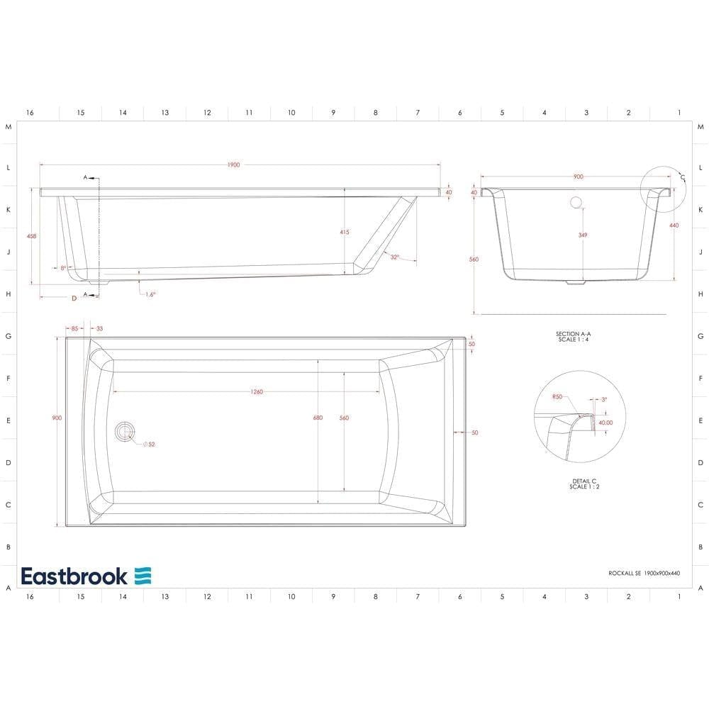 Eastbrook Single Ended Bath 1900 x 900mm / Reinforced Eastbrook Rockall Single Ended Bath