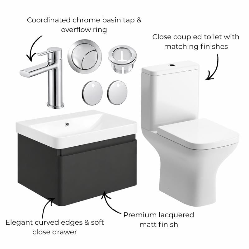Aquarius Bathrooms Suites Aquarius Sophie 605mm Wall Hung Vanity Unit, Close Coupled Toilet, Tap and Fittings Bundle