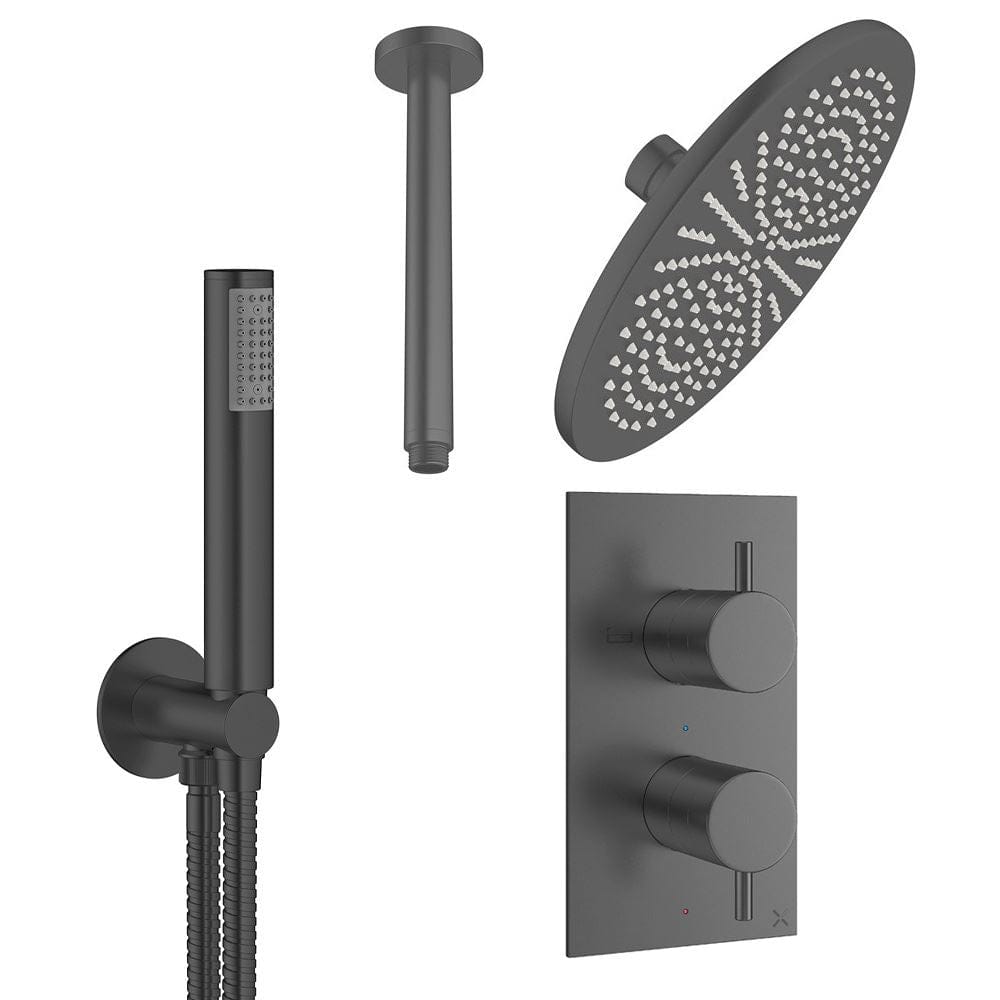 Crosswater Concealed Shower Set Slate / Ceiling Arm / 300mm Crosswater Design 2 Handle 2 Outlet Thermostatic Shower Set with Rainfall Head and Pencil Handset