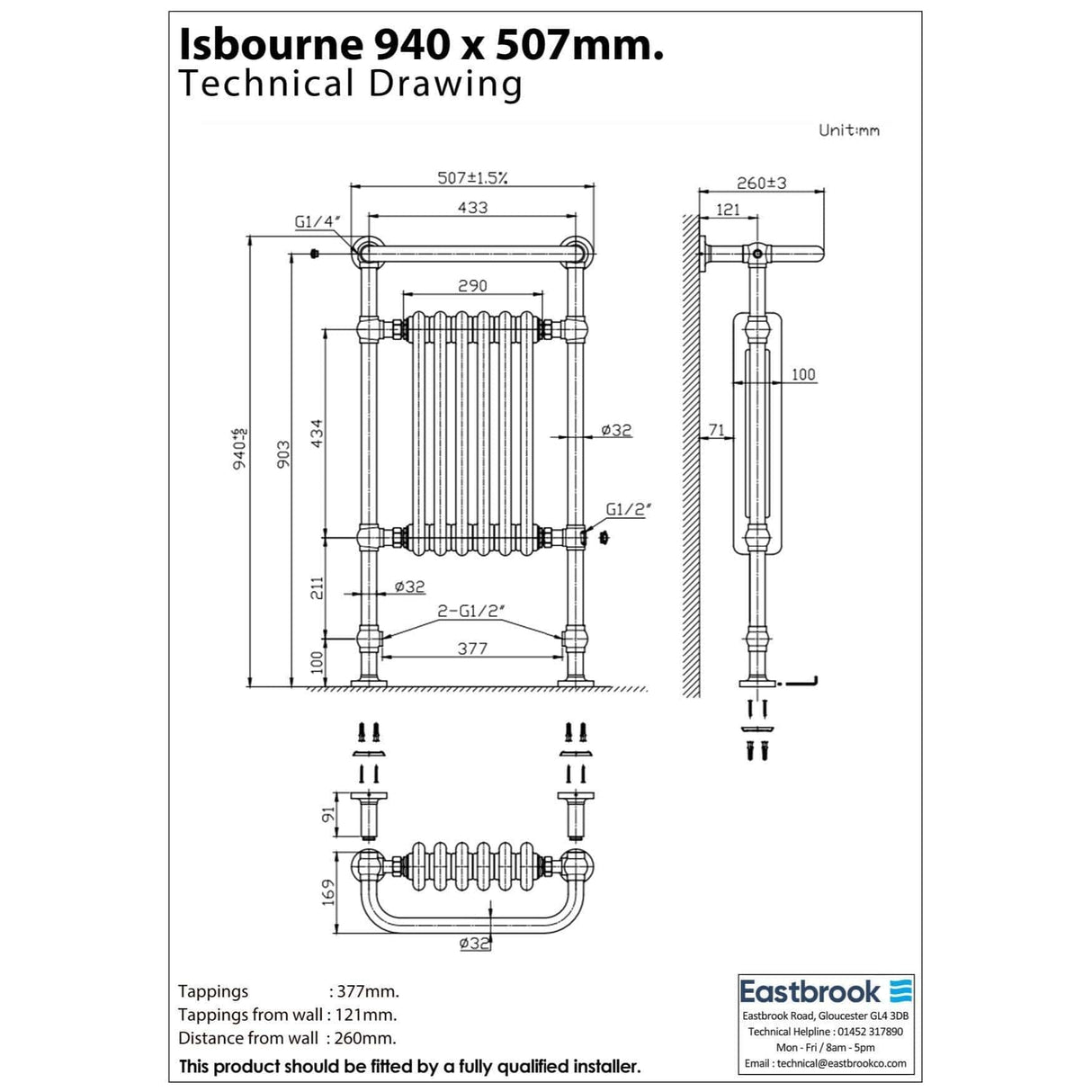 Eastbrook Inset Radiator Eastbrook Isbourne Straight Vertical Traditional Radiator in Gloss White/Chrome