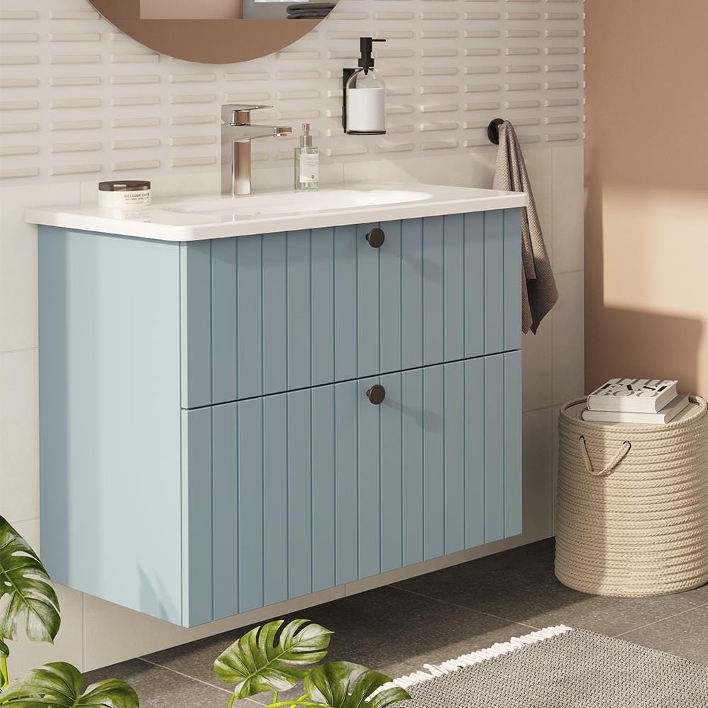 VitrA Wall Mounted Vanity Unit Matt Fjord Green / Zentrum VitrA Root Groove Wall Mounted 2 Drawer 800mm Vanity Unit with Basin