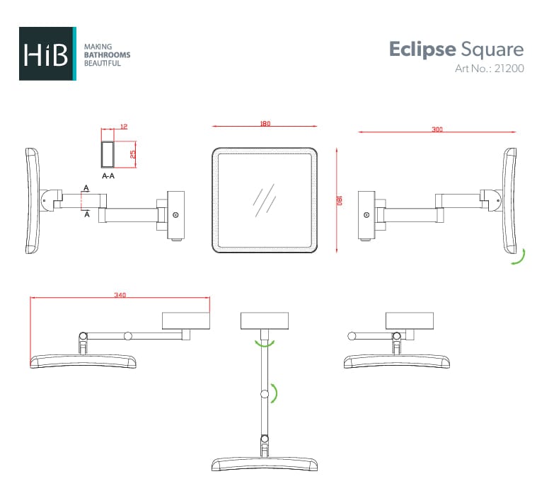hib. Cosmetic and Shaving Mirror hib. Eclipse LED Square Magnifying Mirror