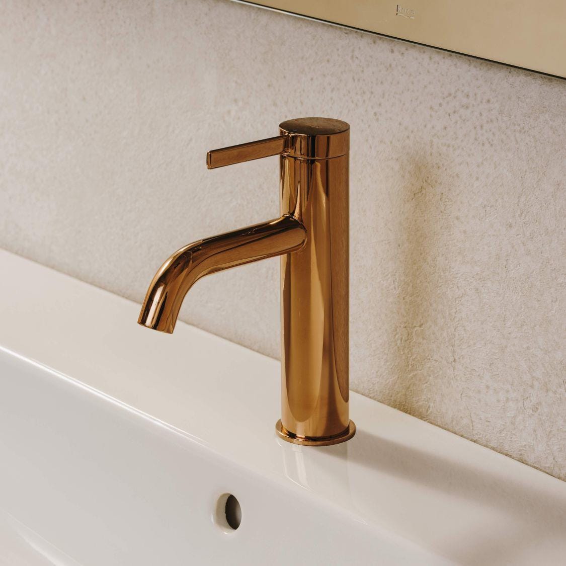Roca Mono Basin Tap Rose Gold Roca Ona Basin Mixer Tap with Click Clack Waste and Cold Start