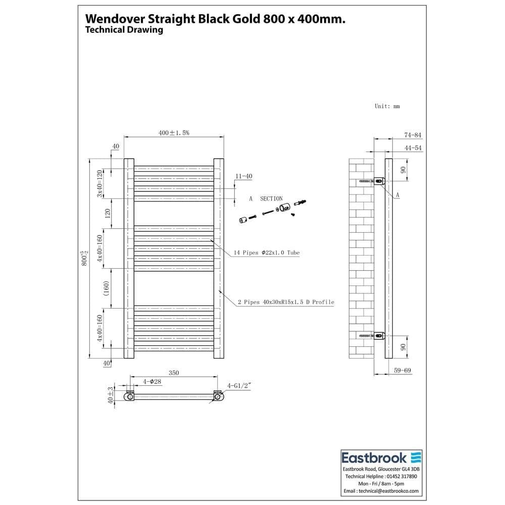 Eastbrook Ladder Rail Eastbrook Wendover Straight Heated Towel Rail in Black Gold