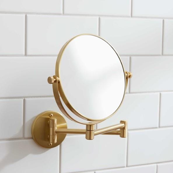 Miller Cosmetic and Shaving Mirror Brushed Brass Miller Signature Wall Mounted Round Extendable Magnifying Mirror