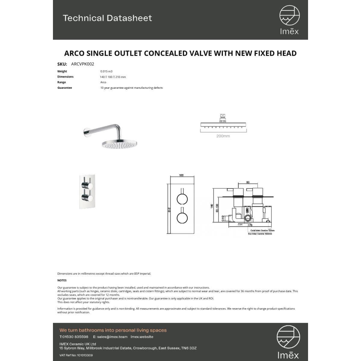 Imex Concealed Shower Set Imex Arco Single Outlet Concealed Shower Valve with Fixed Shower Head and Arm in Chrome