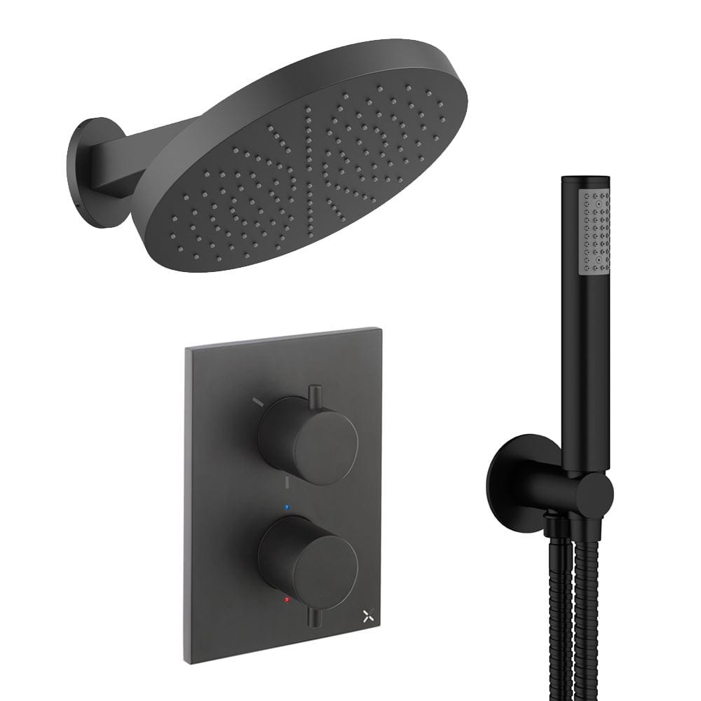UK Bathroom Store Concealed Shower Set Matt Black Crosswater Crossbox Shower Set 8 - 2 Outlet with Revive Steel Overhead Shower and Pencil Handset