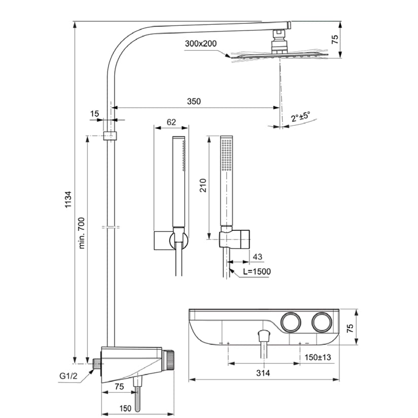 Ideal Standard Exposed Shower Set Ideal Standard Ceratherm S200 Exposed Thermostatic Shower Valve Set with Showerhead and Pencil Handset in Chrome