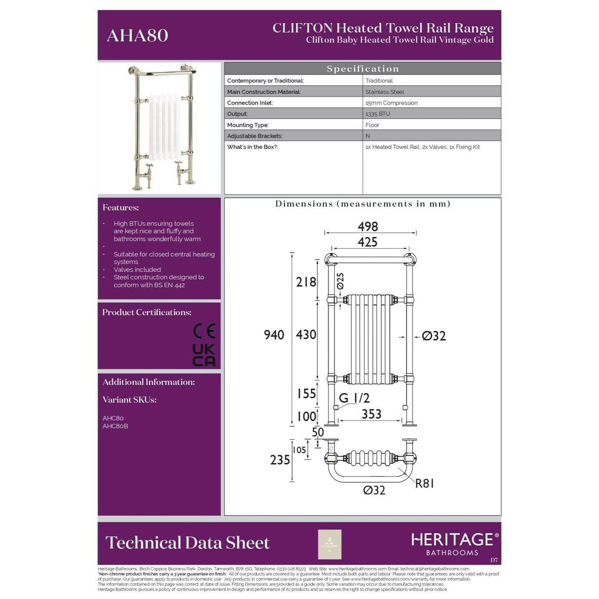 Heritage Insert Radiator Heritage Baby Clifton Traditional Floor Mounted Radiator - 940 x 498mm