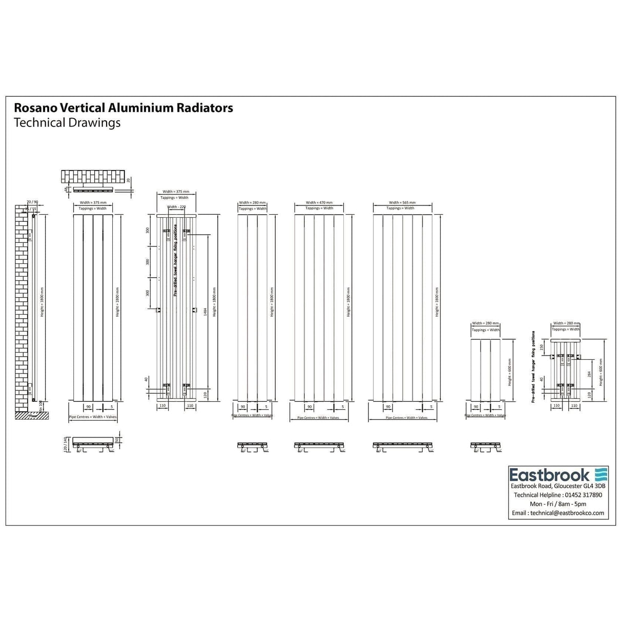 Eastbrook Panel Radiator Eastbrook Rosano Straight Vertical Aluminium Radiator in Matt Black