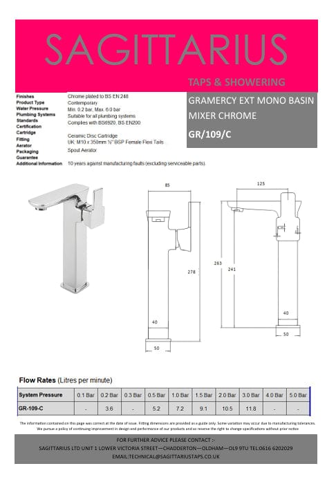 Sagittarius Tall Basin Tap Sagittarius Gramercy Extended Tall Basin Mixer Tap with Sprung Waste - Chrome - GR109C