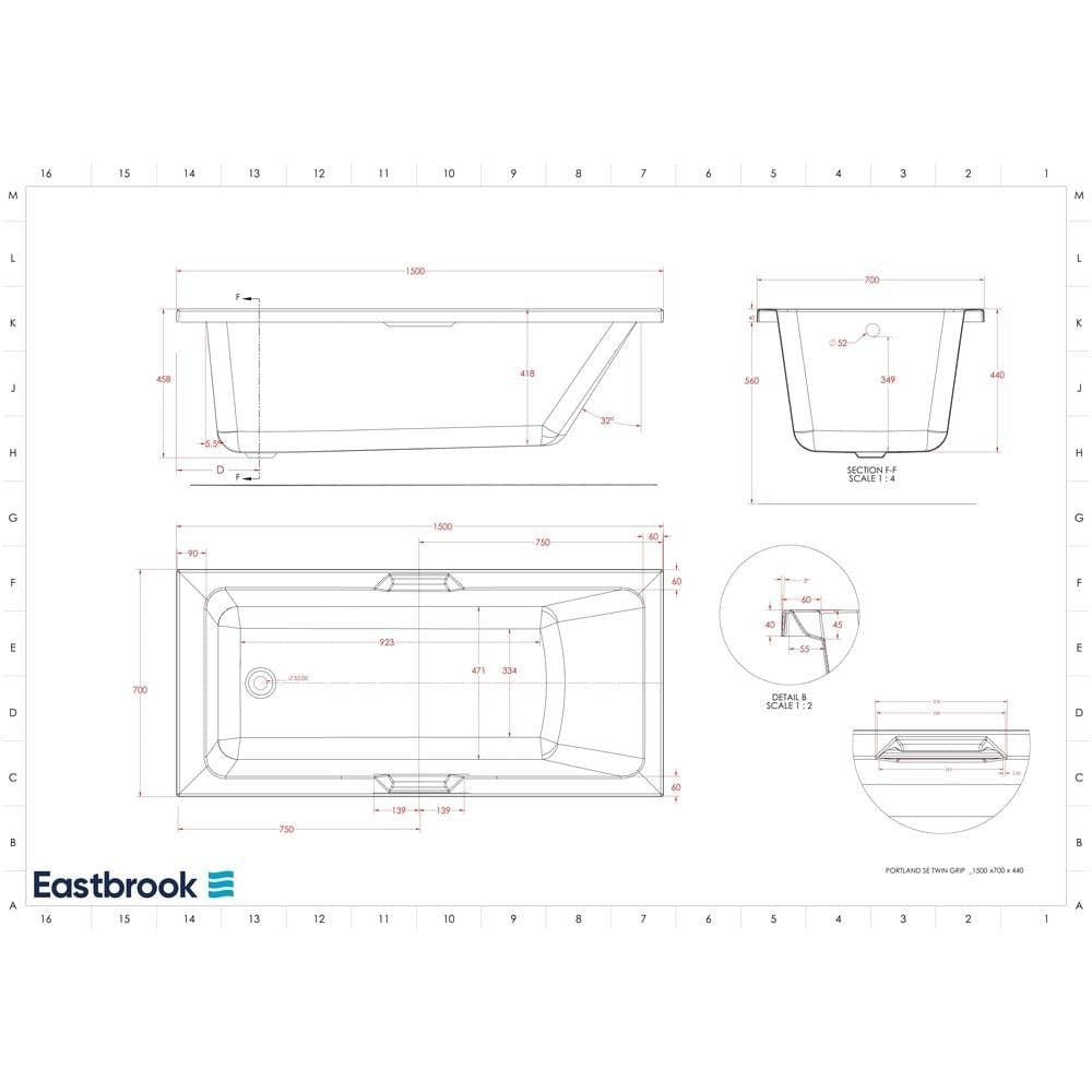 Eastbrook Single Ended Bath 1500 x 700mm / Reinforced Eastbrook Portland Single Ended Bath with Twin Grips
