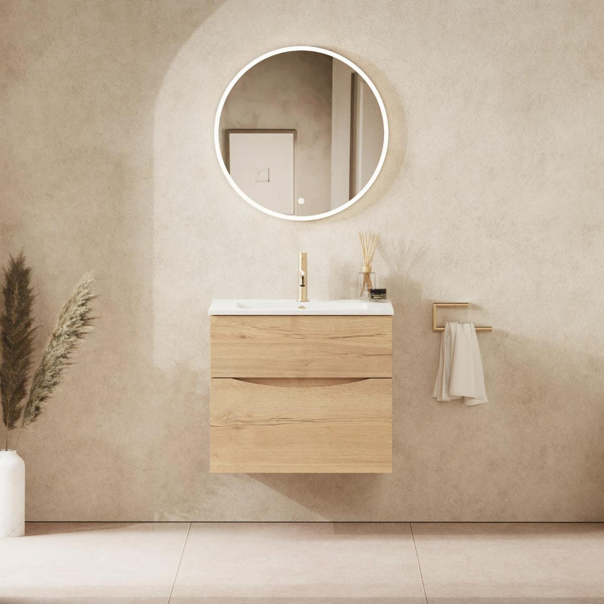 Crosswater Wall Mounted Vanity Unit 600mm / Windsor Oak Crosswater Glide II Wall Mounted Two Drawer Vanity Unit with Basin