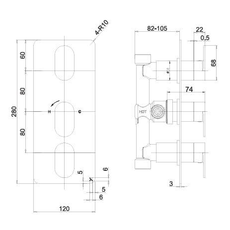 Crosswater Concealed Shower Valve Crosswater Drift 2 Outlet, 3 Handle Vertical Concealed Shower Valve