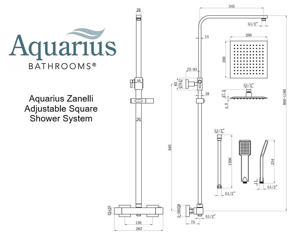 Aquarius Shower Set Aquarius Zanelli Square Exposed Valve Adjustable Shower Set in Brushed Bronze