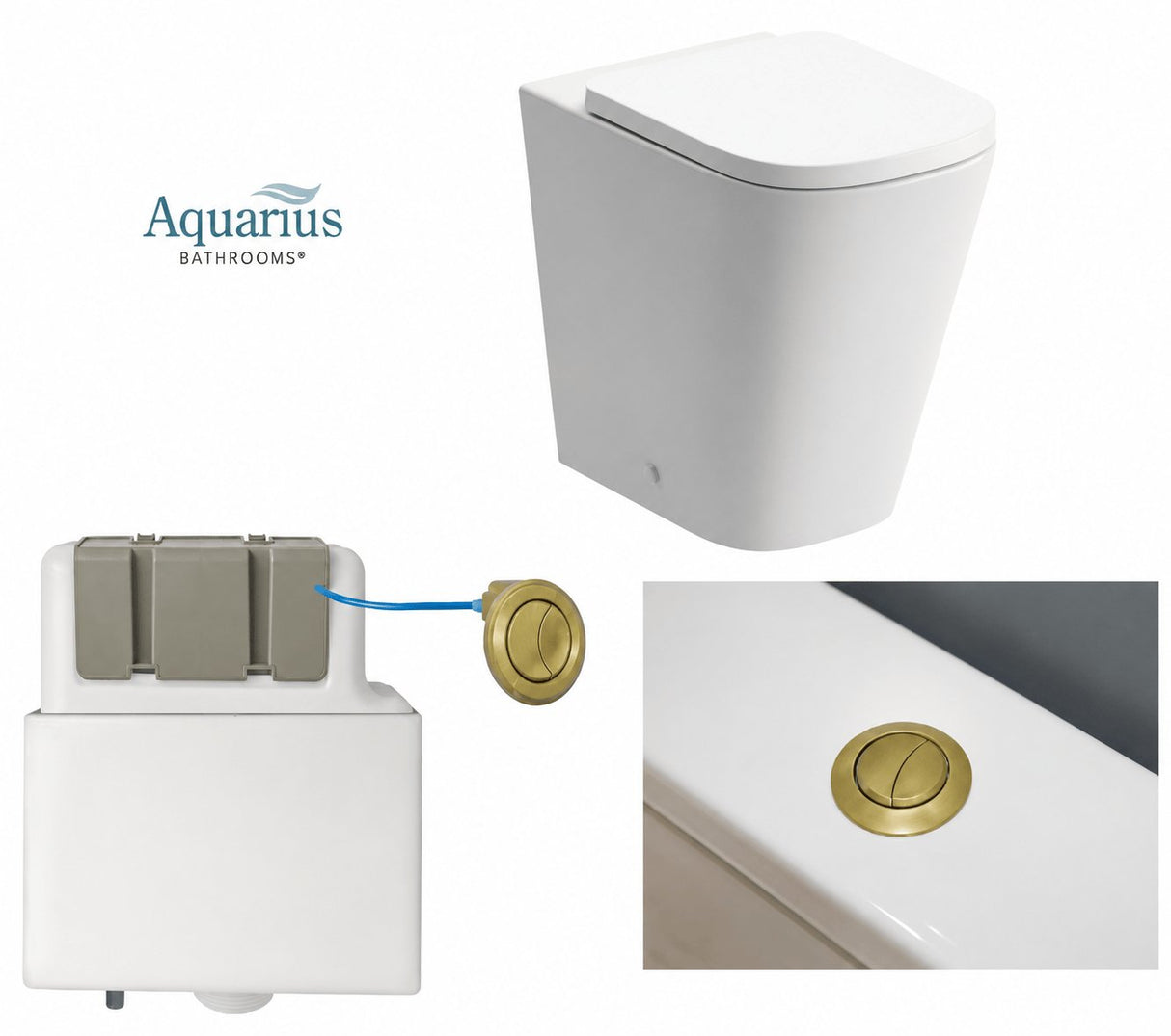 Aquarius Bathrooms Back to Wall Toilet Brushed Brass Aquarius Laura Back to Wall Rimless Toilet Bundle with Pan, Cistern and Flush Button