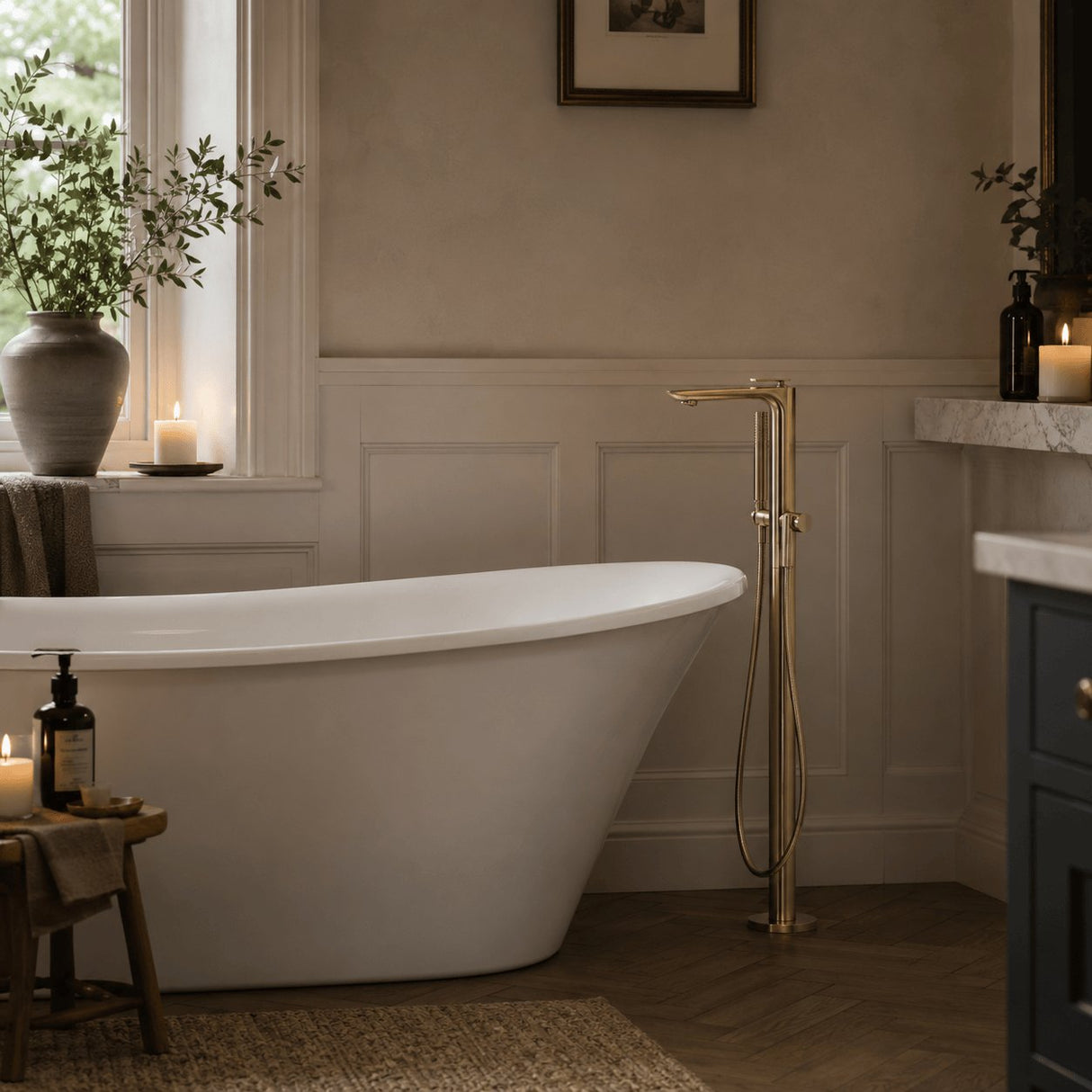 Clearwater Freestanding Bath Filler Brushed Brass Clearwater Huck Floor Standing Bath Shower Mixer with Shower Kit