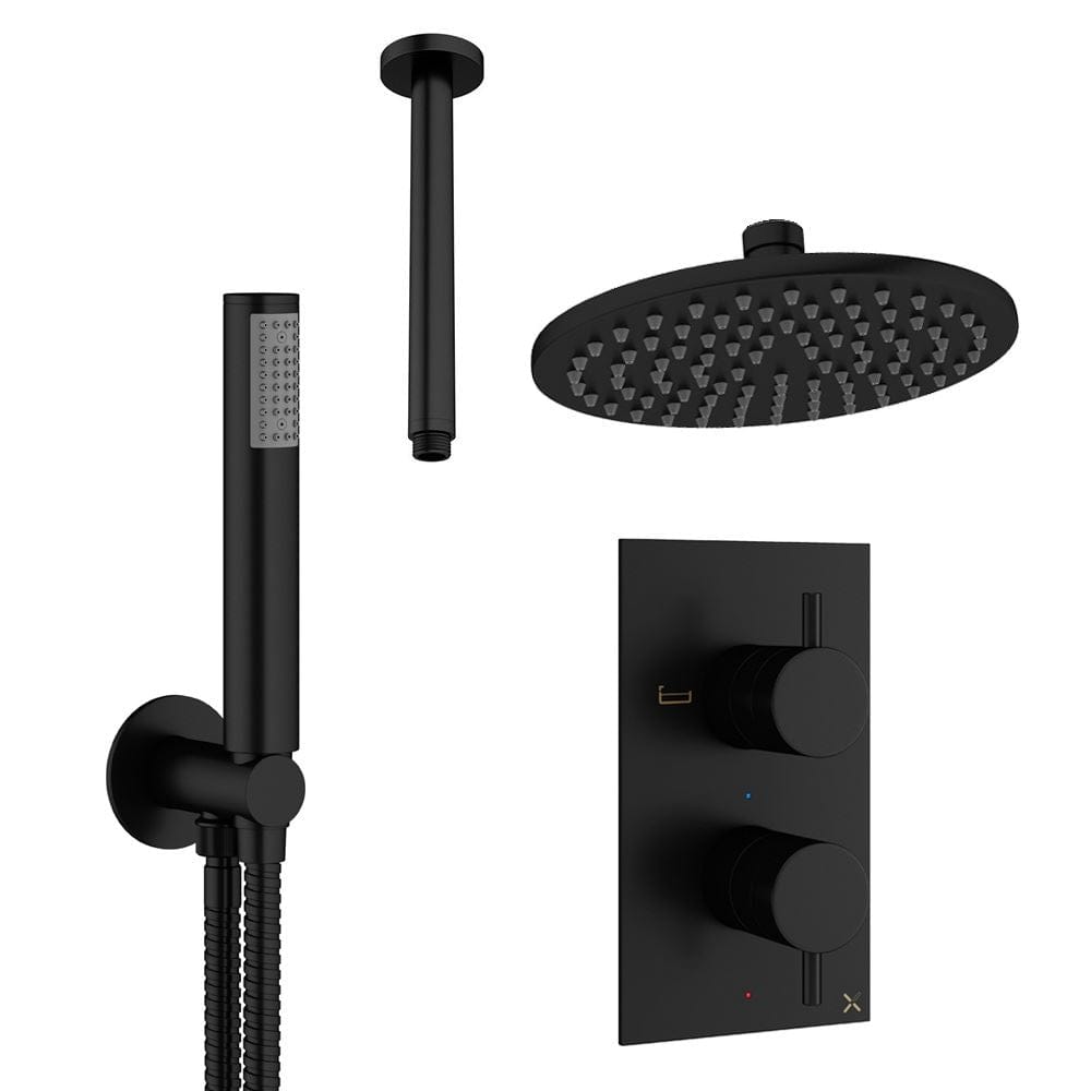 Crosswater Concealed Shower Set Matt Black / Ceiling Arm / 200mm Crosswater Design 2 Handle 2 Outlet Thermostatic Shower Set with Rainfall Head and Pencil Handset