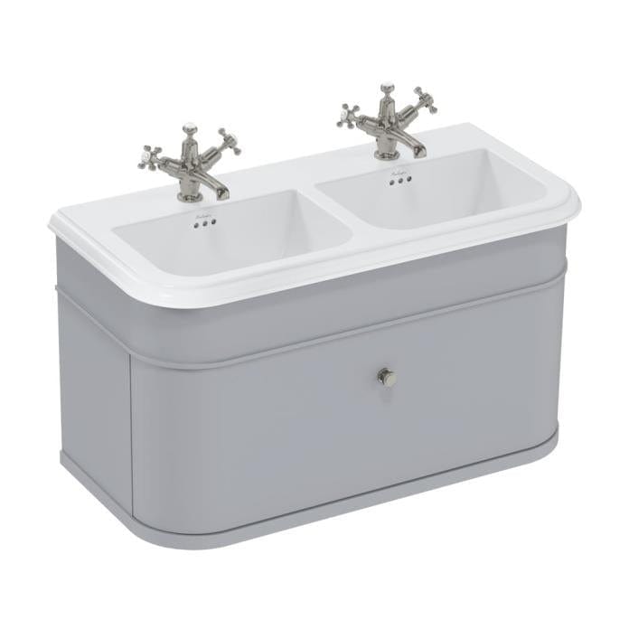 Burlington Double Sink Vanity Unit Classic Grey / Ceramic Basin - 1 Tap Hole / Brushed Nickel Burlington Chalfont 1000mm Wall Mounted Single Drawer Vanity Unit with Double Basin