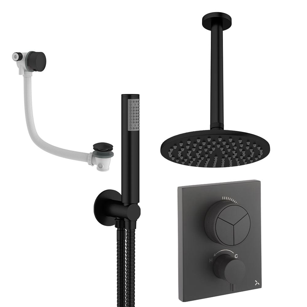 UK Bathroom Store Concealed Shower Set Matt Black / Ceiling Arm / 200mm Crosswater Crossbox Push Shower Set 7 - 3 Outlet with Fixed Overhead Shower, Pencil Handset and Overflow Bath Filler Waste