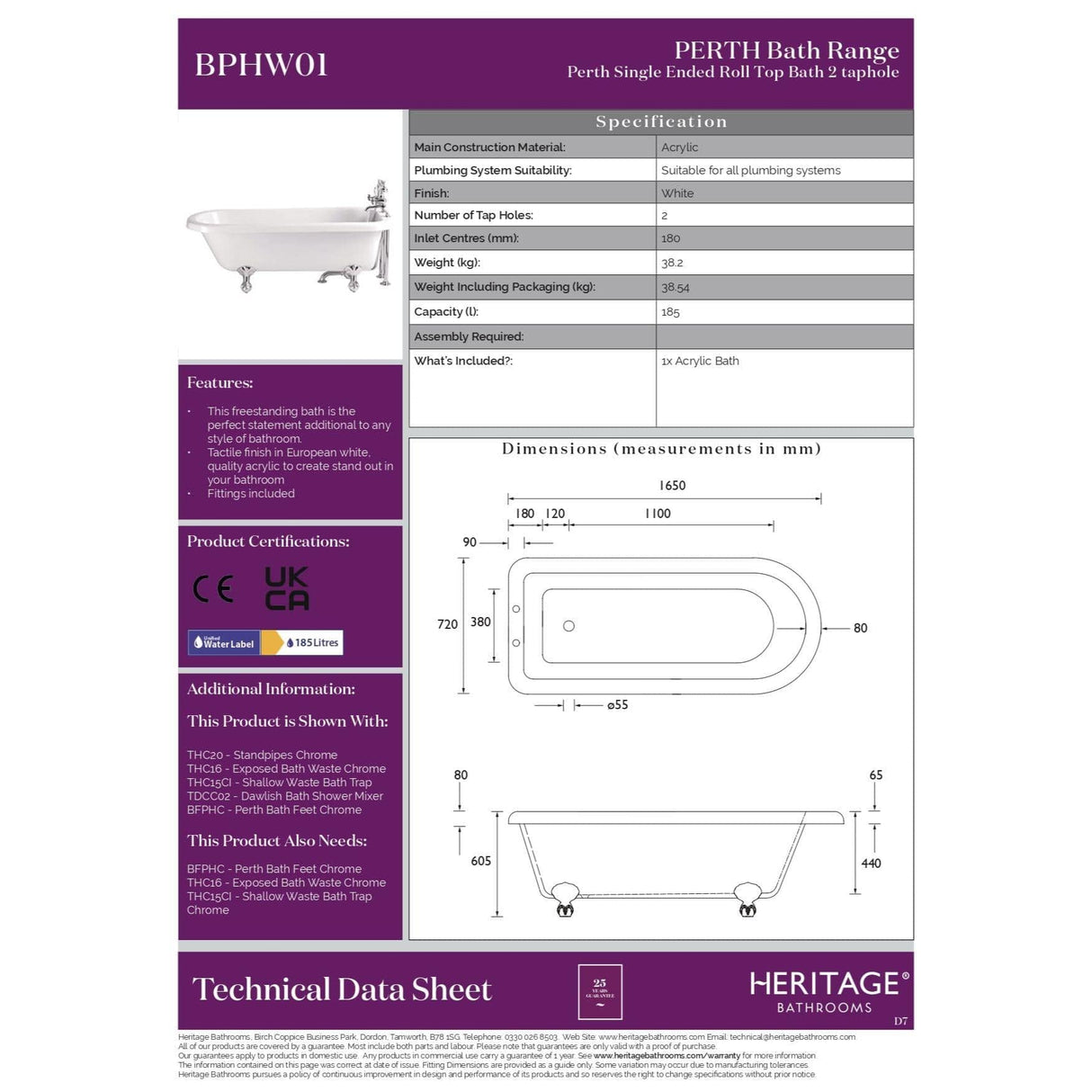 Heritage Roll Top and Slipper Freestanding Bath Heritage Perth Freestanding Acrylic Single Ended Roll Top Bath with Chrome Feet