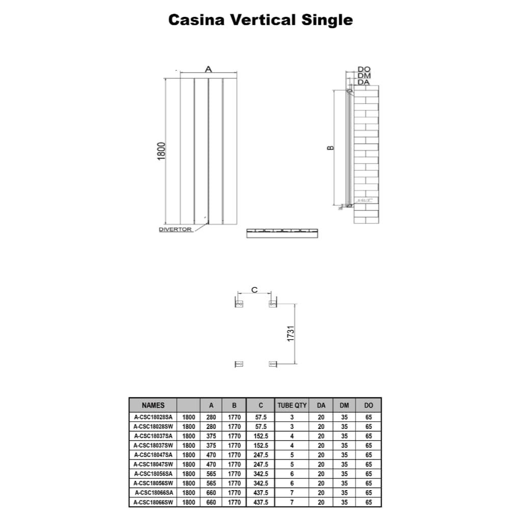Reina Panel Radiator Reina Casina Vertical Aluminium Single Panel Radiator