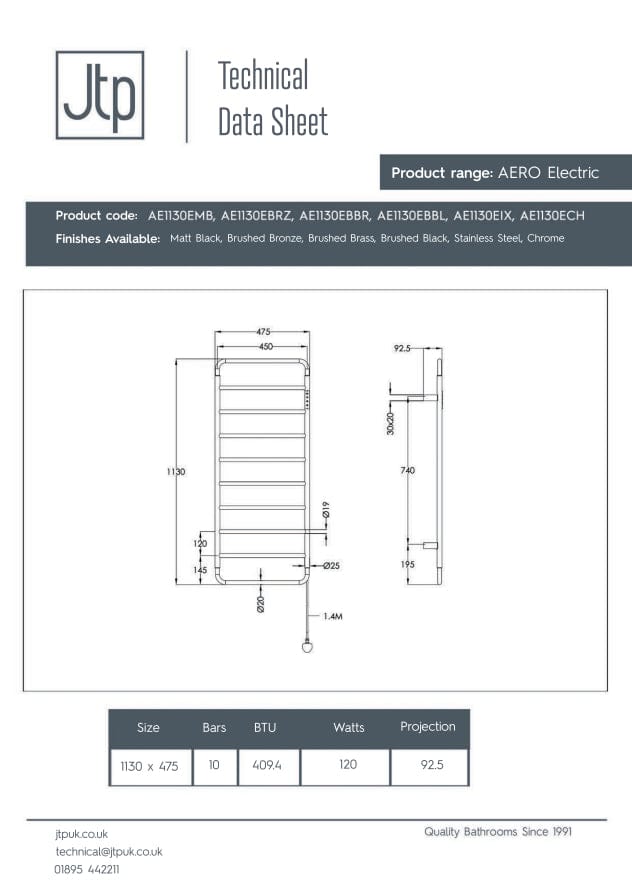 JTP JTP AERO Designer Vertical Heated Towel Rail - Electric Only