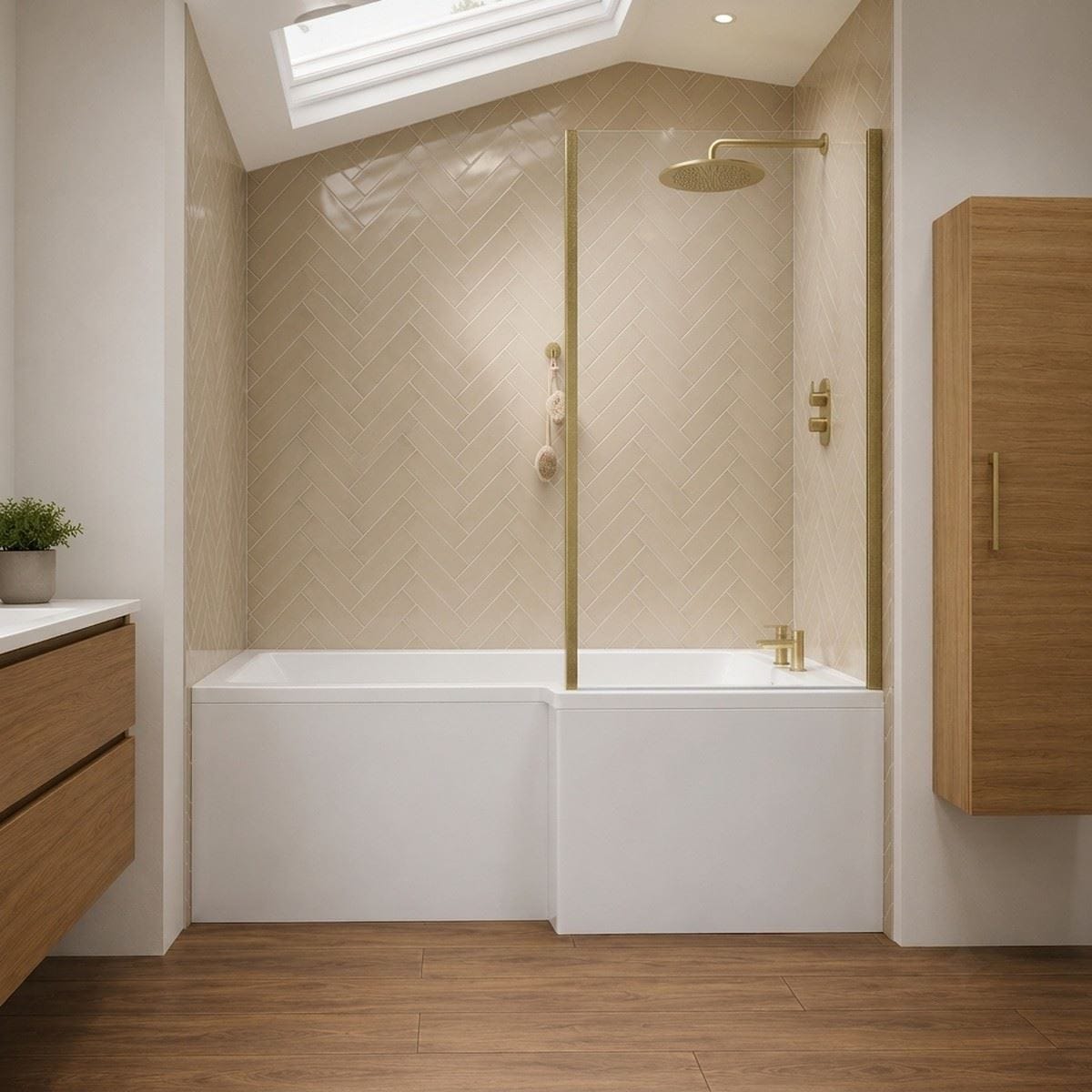 Aquarius Bathrooms L-Shaped Shower Bath Brushed Brass / 1700 x 850mm / Right Aquarius Urbano L-Shape Square Shower Bath Pack with Screen and Panel