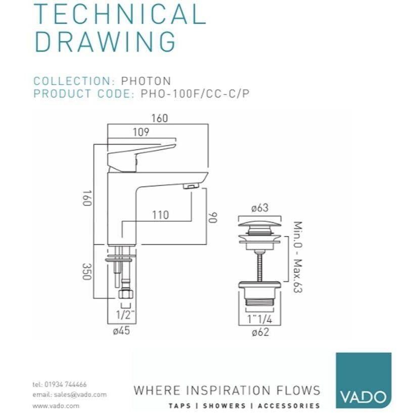 VADO Mono Basin Tap Vado Photon Mono Basin Mixer Tap with Universal Waste in Chrome