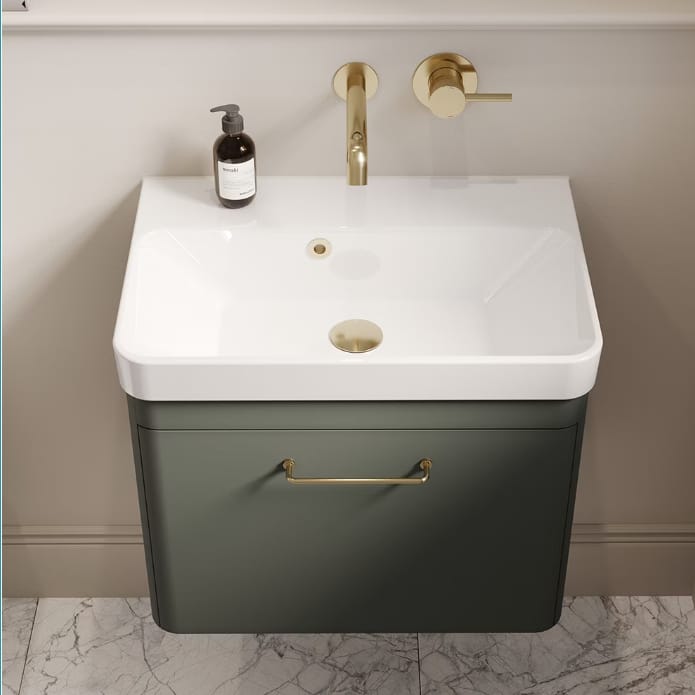 Saneux Wall Mounted Vanity Unit Saneux Hyde 550mm Wall Mounted One Drawer Vanity Unit in Matte Sage with 0 Tap Hole Basin